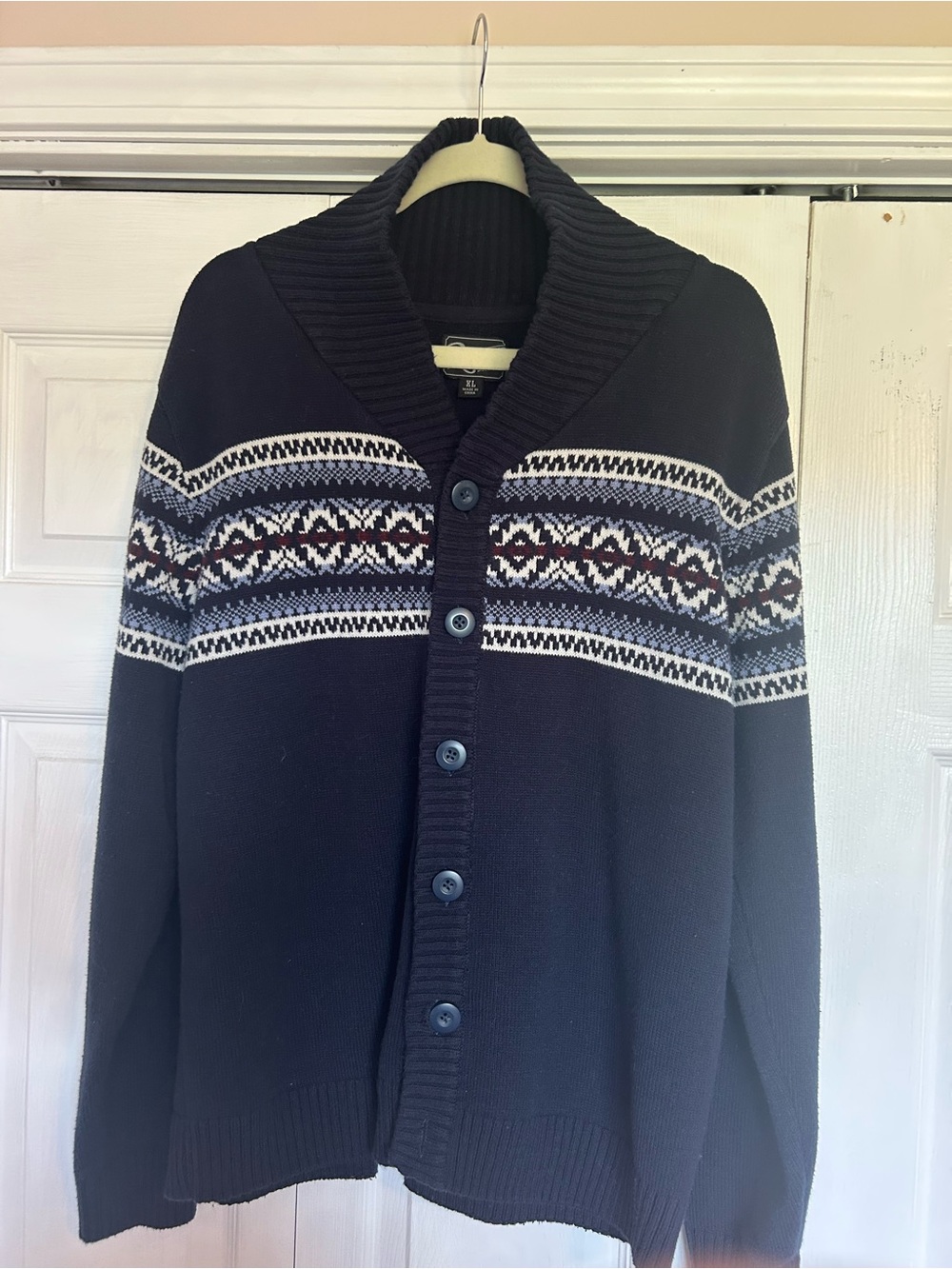 Retrofit Navy Shawl Collar Button-Up Cardigan with Fair Isle Yoke